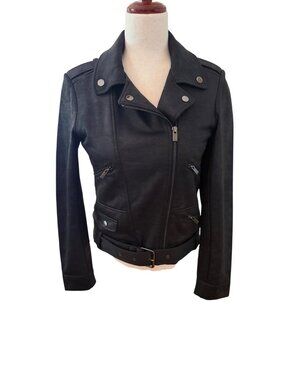 The Kooples Sport Black Faux Leather Moto Jacket Belted Fur Lined Women’s XS